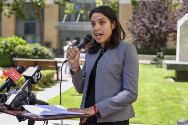 Attorney Amaris Montes, representing eight women who were incarcerated at the Federal Correctional Institution in Dublin, speaks during a press conference by survivors of sexual abuse and retaliation at the women's prison, outside the federal courthouse in Oakland, Calif., on Wednesday, Aug. 16, 2023. Eight inmates of an abuse-plagued federal women's prison filed a lawsuit Wednesday against the Bureau of Prisons, saying sexual abuse and exploitation continue at the San Francisco Bay Area lockup despite the prosecution of the former warden and several former prison officers. (Ray Chavez/Bay Area News Group via AP)