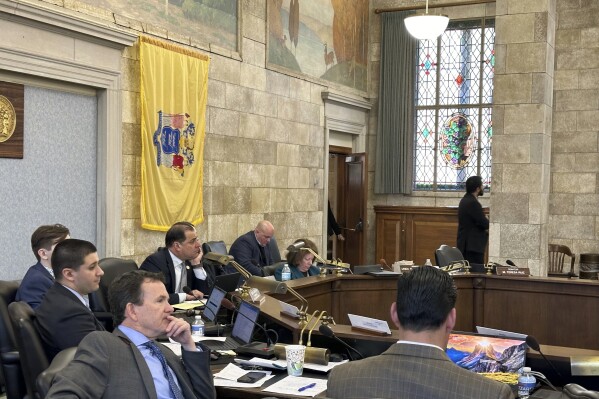 New Jersey state Sen. Paul Sarlo, beneath the state flag, the Democratic chairman of the budget committee, listens to testimony during a hearing Monday, Monday, March 11, 2024, over his legislation, in Trenton, N.J. New Jersey Lawmakers voted Monday to advance a measure that could make it easier for government agencies to withhold documents under the state's open records law, casting it as a modernizing bill that would cut back on profiteering businesses. Critics say the bill will upend the state's open records act. (AP Photo/Mike Catalini)