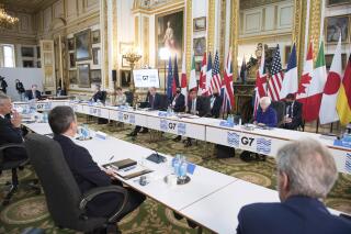 FILE - Britain's Chancellor of the Exchequer Rishi Sunak, center back, and U.S. Treasury Secretary Janet Yellen, back right, during a meeting of finance ministers from across the G7 nations at Lancaster House in London, on June 4, 2021. Finance ministers from the Group of Seven industrial powers have pledged to put in place a system designed to cap Russia’s income from oil sales, an idea the nations’ leaders had promised to explore in June. The aim is to reduce Russia’s revenues and, by doing so, its ability to fund its war in Ukraine, while also limiting the impact of the war on global energy prices. (Stefan Rousseau/Pool via AP, File)