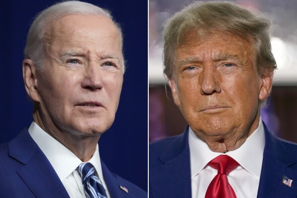 In this combination of photos, President Joe Biden, left, speaks on Aug. 10, 2023, in Salt Lake City, and former President Donald Trump speaks on June 13, 2023, in Bedminster, N.J. The 2024 general election campaign will pick up Saturday, March 9, where the 2020 contest left off. Fresh off their Super Tuesday domination to set up a near-certain rematch, the two rivals will hold dueling events in a state that both parties see as pivotal to winning in November. (AP Photo)