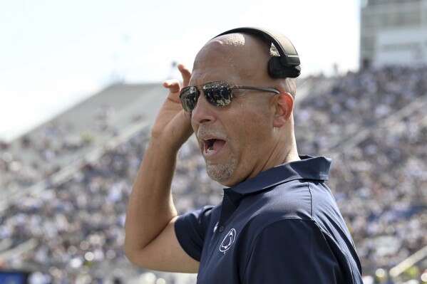 Penn State head coach James Franklin reacts during the second half of an NCAA college football game against Delaware, Saturday, Sept. 9, 2023, in State College, Pa. (AP Photo/Barry Reeger)