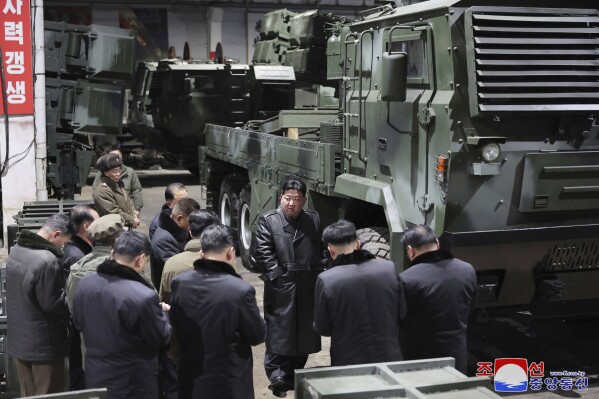In this photo provided on Wednesday, Jan. 10, 2024, by the North Korean government, North Korean leader Kim Jong Un, inspects as he tours munitions factories on Jan. 8-9, 2024, in North Korea. Independent journalists were not given access to cover the event depicted in this image distributed by the North Korean government. The content of this image is as provided and cannot be independently verified. (Korean Central News Agency/Korea News Service via AP)
