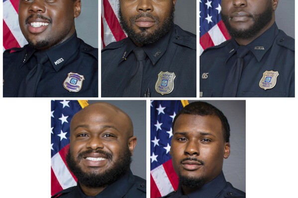This combination of images provided by the Memphis, Tenn., Police Department shows, from top row from left, Police Officers Tadarrius Bean, Demetrius Haley, Emmitt Martin III, bottom row from left, Desmond Mills, Jr. and Justin Smith. (Memphis Police Department via AP, File)