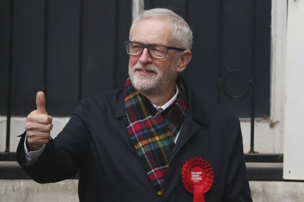 FILE - In this Thursday, Dec. 12, 2019 file photo, British opposition Labour Party leader Jeremy Corbyn, gestures after casting his vote in the general election, in Islington, London, England. Ex-Labour Party leader Jeremy Corbyn said Tuesday Nov. 17, 2020, he has been reinstated to the U.K. opposition party after a three-week suspension — a decision that touched off fury from Jewish leaders angry about anti-Semitism in Labour that flourished during his tenure. (AP Photo/Thanassis Stavrakis, File)