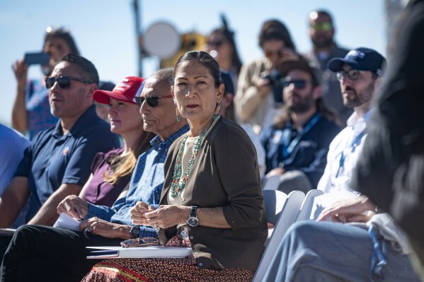U.S. Secretary of the Interior Deb Haaland, center, attends the ground breaking ceremony for the SunZia transmission line project in Corona, N.M., on Friday, Sept. 1, 2023. (Jon Austria/The Albuquerque Journal via AP)