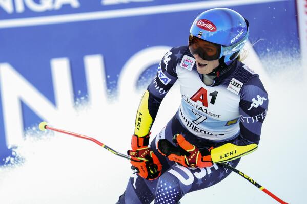 United States' Mikaela Shiffrin celebrates winning an alpine ski, women's World Cup giant slalom, in Semmering, Austria, Wednesday, Dec.28, 2022. (AP Photo/Piermarco Tacca)