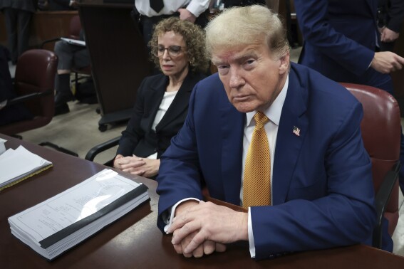 Former President Donald Trump sits in Manhattan Criminal Court on Tuesday, May 7, 2024 in New York. (Win McNamee/Pool Photo via AP)