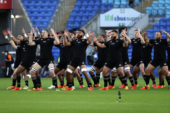 New Zealand players perform the haka, a traditional Maori challenge, ahead of their Rugby Championship match against Argentina on Sunday, Sept. 12, 2021, on the Gold Coast, Australia. (AP Photo/Tertius Pickard)