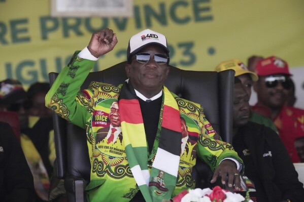 Zimbabwe's President Emmerson Mnangagwa at a campaign rally in Harare, Aug. 9, 2023. 80-year-old Mnangagwa is now seeking re-election for a second term as president in a vote this week that could see the ruling ZANU-PF party extend a 43-year hold on power. (AP Photo/Tsvangirayi Mukwazhi)