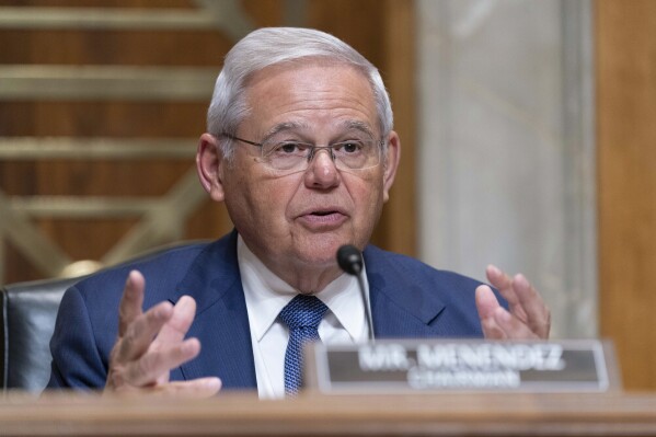 FILE - Sen. Bob Menendez, D-N.J., chair of the Senate Foreign Relations Committee speaks during Senate Foreign Relations Committee hearing on the budget request for the State Department for fiscal year 2024, on Capitol Hill, March 22, 2023, in Washington. Menendez faces a new allegation that he used clout to help businessman get deal with Qatari investment fund. (AP Photo/Jose Luis Magana, File)