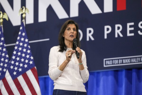 Republican presidential candidate former UN Ambassador Nikki Haley speaks at a campaign event on Monday, Feb. 19, 2024, in Greer, S.C. (AP Photo/David Yeazell)