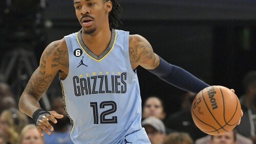 FILE - Memphis Grizzlies guard Ja Morant handles the ball during the first half of Game 5 in a first-round NBA basketball playoff series against the Los Angeles Lakers, April 26, 2023, in Memphis, Tenn. Morant will have to sit out at least the first 25 games of the next NBA season for briefly displaying a pistol on social media. (AP Photo/Brandon Dill, File)