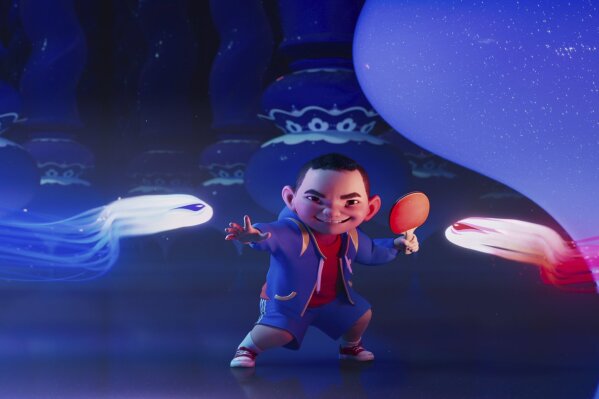 This image released by Netflix shows animated character Chin, voiced by Robert G. Chiu, in a scene from "Over the Moon." (Netflix via AP)