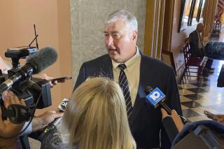 Former Republican Speaker Larry Householder speaks to the media immediately after his expulsion from the Ohio House on Wednesday, June 16, 2021, in Columbus, Ohio. The Republican-led House voted 5-21 to remove him. Householder is accused of taking money from a utility in exchange for orchestrating a multi-million dollar scheme to get him elected as speaker. He has pleaded not guilty and publicly proclaimed his innocence. (Andrew Welsh-Huggins