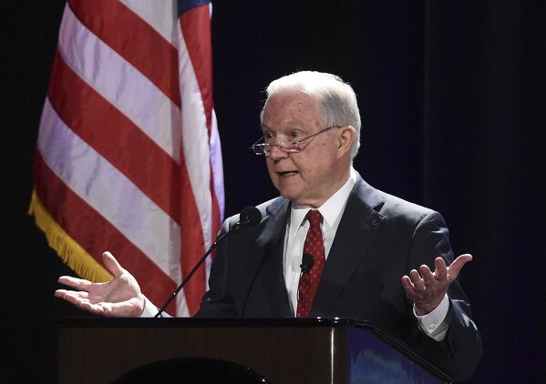
              U.S. Attorney General Jefferson Sessions talks about immigration at the NASRO School Safety Conference at the Peppermill Resort on Monday, June 25, 2018, in Reno, Nev. (Andy Barron /The Reno Gazette-Journal via AP)
            