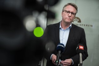 Acting Minister of Finance Morten Boedskov faces the media at the Ministry of Finance in Copenhagen, Wednesday Feb. 3, 2021. (Martin Sylvest / Ritzau via AP)