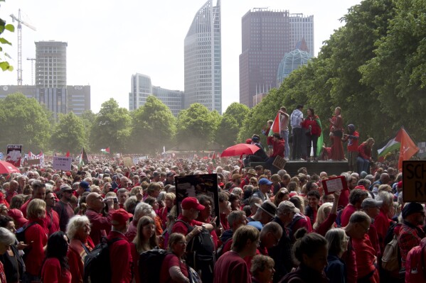 Demonstrators gather on the Malieveld for the Red Line protest in The Hague, Netherlands on Sunday, May 18, 2025. ((Niels van der Pas via AP)