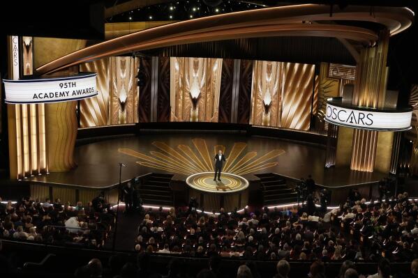 Host Jimmy Kimmel speaks at the Oscars on Sunday, March 12, 2023, at the Dolby Theatre in Los Angeles. (AP Photo/Chris Pizzello)
