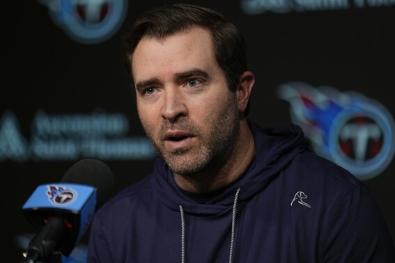 Tennessee Titans head coach Brian Callahan responds to questions during a news conference at the NFL football team's training facility Wednesday, Feb. 14, 2024, in Nashville, Tenn. (AP Photo/George Walker IV)