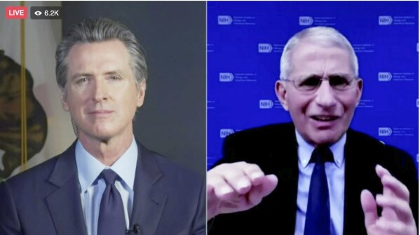 This frame from streaming video from the Office of the Governor shows California Gov. Gavin Newsom, left, and Dr. Anthony Fauci during a conversation, Wednesday, Dec. 30, 2020. Newsom has announced the first known case of the new and apparently more contagious variant of the coronavirus in the nation's most populated state. It follows the first reported U.S. case in Colorado. Newsom said he had just learned of the finding in a Southern California case Wednesday. He announced it during the online conversation with Fauci, the nation's leading infectious-disease expert. (Office of the Governor via AP)