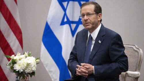 Israel's President Isaac Herzog speaks during a meeting with Secretary of State Antony Blinken at the Watergate Hotel, July 18,2023, in Washington. Israel's figurehead president speaks to Congress in an appearance aimed at demonstrating what he calls the "unbreakable bond" between Israel and the U.S. (AP Photo/Manuel Balce Ceneta)