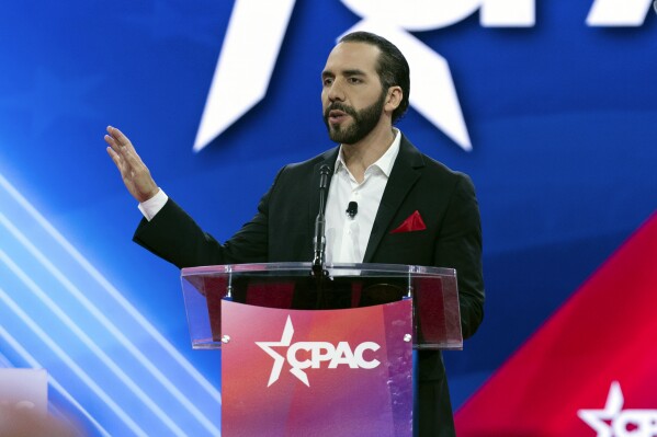 El Salvador's President Nayib Bukele speaks during the Conservative Political Action Conference, CPAC 2024, at the National Harbor, in Oxon Hill, Md., Thursday, Feb. 22, 2024. (AP Photo/Jose Luis Magana)