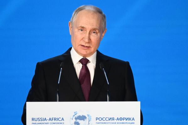 Russian President Vladimir Putin speaks at the 2nd Russia-Africa International Parliamentary Conference in Moscow, Russia, Monday, March 20, 2023. (Vladimir Astapkovich, Sputnik, Kremlin Pool Photo via AP)