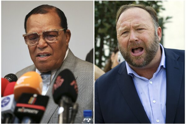
              This combination of file photo shows minister Louis Farrakhan, the leader of the Nation of Islam, in Tehran, Iran, on Nov. 8, 2018, left, and conspiracy theorist Alex Jones in Washington on Sept. 5, 2018, right. Facebook has banned Louis Farrakhan, Alex Jones and others from its platform and from Instagram saying they violated its ban against hate and violence. The company said Thursday it has also banned extreme right-wing figures Paul Nehlen, Milo Yiannopoulos, Paul Joseph Watson, Laura Loomer and the conservative conspiracy site Infowars. Jones was already banned from Facebook but not from Instagram. (AP Photo)
            