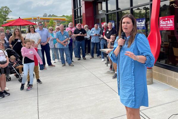 Former White House Press Secretary Sarah Sanders speaks at a campaign stop at a Dairy Queen in Little Rock, Ark., Monday, May 2, 2022. Sanders is seeking the Republican nomination for governor in the Arkansas primary. (AP Photo/Andrew DeMillo)
