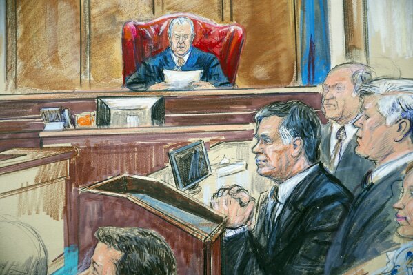 
              This courtroom sketch shows Paul Manafort listening to U.S. District court Judge T.S. Ellis III at federal court in Alexandria, Va., Tuesday, Aug. 21, 2018. Manafort, the longtime political operative who for months led Donald Trump's winning presidential campaign, was found guilty of eight financial crimes in the first trial victory of the special counsel investigation into the president's associates. A judge declared a mistrial on 10 other counts the jury could not agree on. (Dana Verkouteren via AP)
            