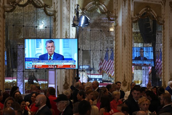 Screens show election results before Republican presidential candidate former President Donald Trump speaks at a Super Tuesday election night party, Tuesday, March 5, 2024, at Mar-a-Lago in Palm Beach, Fla. (AP Photo/Rebecca Blackwell)