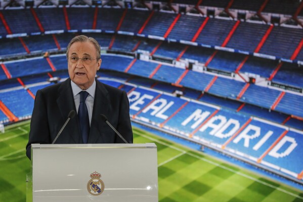 FILE - Real Madrid's President Florentino Perez gives a speech at the Santiago Bernabeu stadium in Madrid, Spain, June 13, 2019. Spain was the only European Union member to refuse to sign a joint statement on sports released by France on Thursday, Feb. 8, 2024 because the government in Madrid saw it as a premature attack on the Super League. (AP Photo/Manu Fernandez, File)