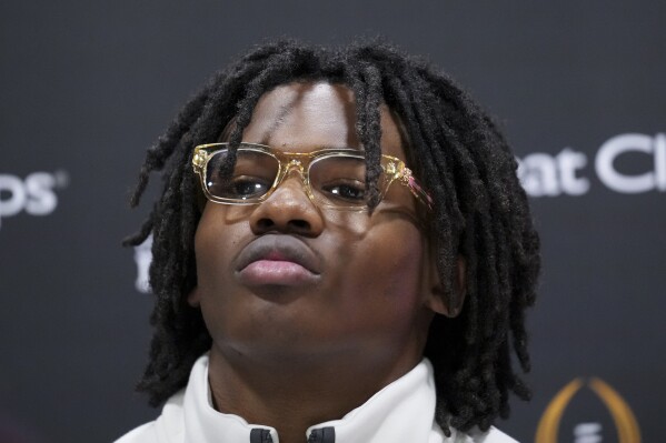 Ohio State wide receiver Jeremiah Smith during media day ahead of the College Football Playoff national championship game between Ohio State and Notre Dame, Saturday, Jan. 18, 2025, in Atlanta. The game will be played on Monday. (AP Photo/Brynn Anderson)