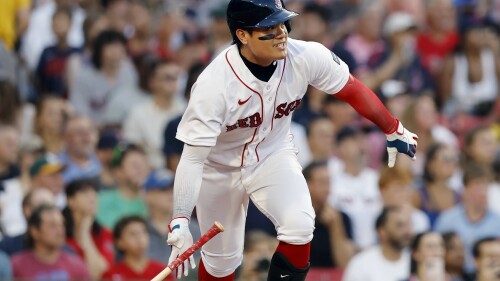 Boston Red Sox's Yu Chang runs on his two-run single during the second inning of a baseball game against the Oakland Athletics, Friday, July 7, 2023, in Boston. (AP Photo/Michael Dwyer)