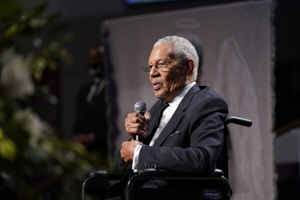 The Rev. William Lawson speaks during a funeral service for George Floyd at The Fountain of Praise church, June 9, 2020, in Houston. Rev. Lawson, a longtime pastor and civil rights leader who helped desegregate Houston and worked with the Rev. Martin Luther King Jr. during the civil rights movement, has died. He was 95. Lawson’s longtime church, Wheeler Avenue Baptist Church, announced on its website that he had died on Tuesday, May 14, 2024. (AP Photo/David J. Phillip, Pool)