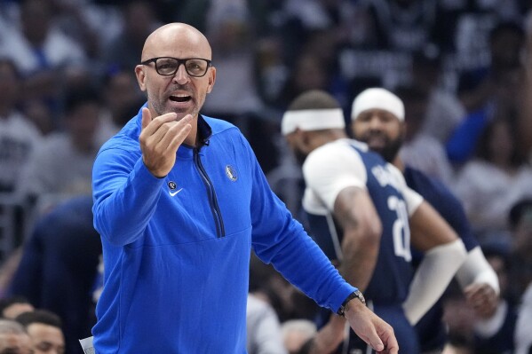 Dallas Mavericks head coach Jason Kidd gestures to his team during the first half in Game 5 of an NBA basketball first-round playoff series against the Los Angeles Clippers Wednesday, May 1, 2024, in Los Angeles. (AP Photo/Mark J. Terrill)