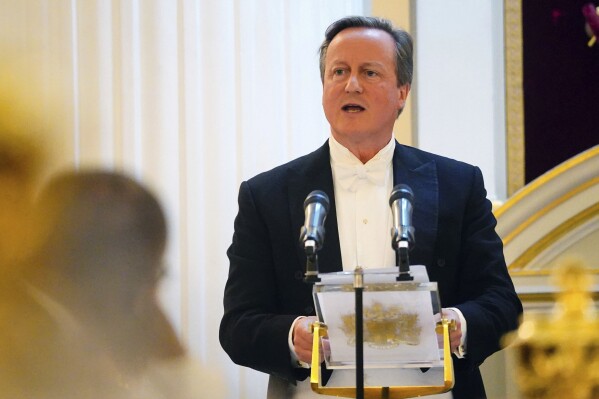 Britain's Foreign Secretary Lord David Cameron speaks at the Lord Mayor of the City of London's annual Easter Banquet, at Mansion House in the City of London, Thursday, May 9, 2024. (Victoria Jones/PA via AP)