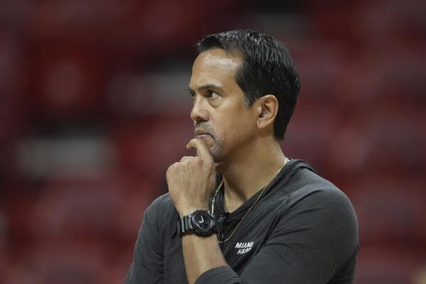 Miami Heat head coach Erik Spoelstra looks on during a practice ahead of Game 3 of the NBA Finals, at the Kaseya Center in Miami, Tuesday, June 6, 2023. (AP Photo/Rebecca Blackwell)