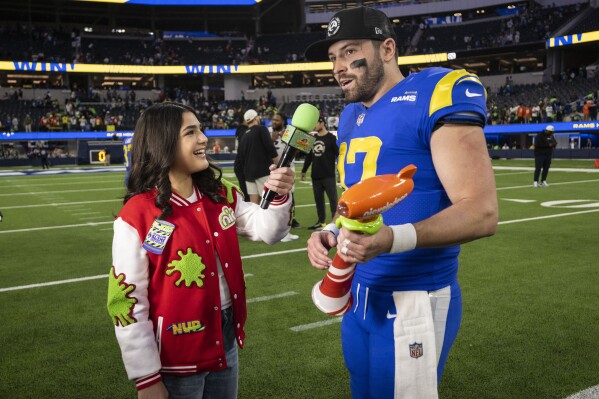 FILE - Los Angeles Rams quarterback Baker Mayfield (17) interviews after being selected as Nickelodeon NVP after an NFL football game against the Denver Broncos, Dec. 25, 2022, in Inglewood, Calif. Nickelodeon will air its fifth NFL game on Sunday, Feb. 11, 2024, when the Kansas City Chiefs face the San Francisco 49ers for the Vince Lombardi Trophy, and it will mark the first alternate broadcast of a Super Bowl game. (AP Photo/Kyusung Gong, File)