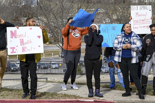 Lincoln University students protest outside the administration building calling for the removal of Lincoln University President John Moseley, Friday, Jan. 12, 2024 in Jefferson City, Mo. The president of a historically Black college in Missouri was placed on paid leave following the high-profile death of an administrator. The Board of Curators at Lincoln University, a publicly funded school of about 1,800 in Jefferson City, said Friday in a news release that President John Moseley volunteered to step down while a third-party expert reviews “potential personnel issues and concerns.” (Julie Smith/The Jefferson City News-Tribune via AP)