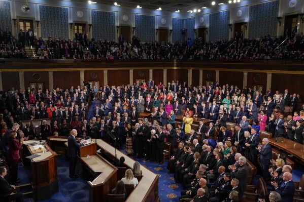 FILE - President Joe Biden delivers his State of the Union speech to a joint session of Congress, at the Capitol in Washington, Feb. 7, 2023. (AP Photo/J. Scott Applewhite, File)