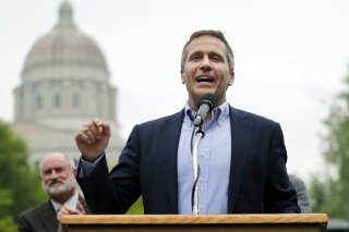 Missouri Gov. Eric Greitens speaks to a small group of supporters announcing the release of funds for the state's biodiesel program Thursday, May 17, 2018, in Jefferson City, Mo. (AP Photo/Jeff Roberson)