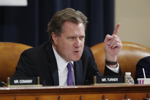 FILE - Rep. Mike Turner, R-Ohio, speaks during a House Intelligence Committee hearing on Capitol Hill in Washington, Nov. 20, 2019. Turner, the Republican chairman of the House Intelligence Committee, is calling for the renewal of a key U.S. government surveillance tool while also proposing a series of changes aimed at safeguarding privacy. The proposals announced Thursday are part of a late scramble inside Congress and the White House to guarantee the reauthorization of Section 702 of the Foreign Intelligence Surveillance Act., which allows spy agencies to collect emails and other communications. (AP Photo/Alex Brandon, File)