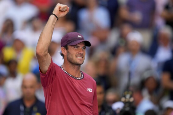 Tommy Paul, of the United States, reacts after defeating Alejandro Davidovich Fokina, of Spain, during the third round of the U.S. Open tennis championships, Friday, Sept. 1, 2023, in New York. (AP Photo/Manu Fernandez)