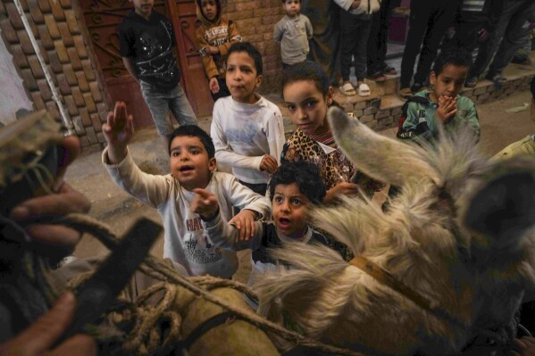 Children reach out to 55-year-old "musaharati," or "dawn caller" Essam Sayed, as he rides his donkey to wake people up for a meal before sunrise, during the Islamic holy month of Ramadan, in the Arab Ghoneim district of Helwan on the southern outskirts of Cairo, Egypt, Saturday, March 15, 2025.(AP Photo/Amr Nabil)