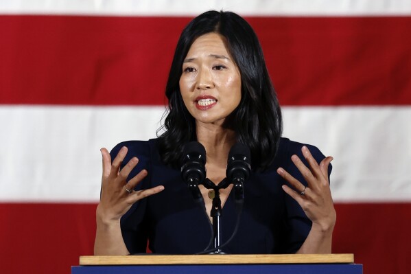 FILE — Boston Mayor Michelle Wu speaks during a Democratic election night party, Tuesday, Nov. 8, 2022, in Boston. On Wednesday, Dec. 20, 2203, Boston Mayor Michelle Wu plans to formally apologize on behalf of the city to Alan Swanson and Willie Bennett for their wrongful arrests following the 1989 death of Carol Stuart, whose husband, Charles Stuart, had orchestrated her killing. (AP Photo/Michael Dwyer, File)