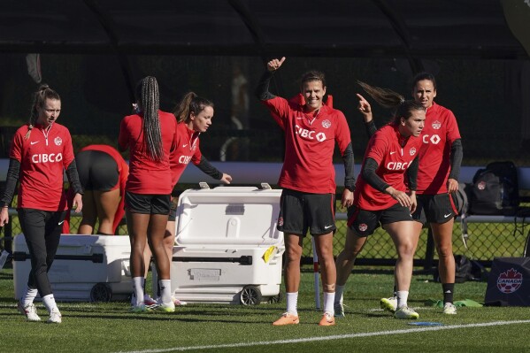 Canada's Christine Sinclair gestures during a soccer training session ahead of the FIFA Women's World Cup in Melbourne, Australia, Monday, July 17, 2023. (Scott Barbour/The Canadian Press via AP)