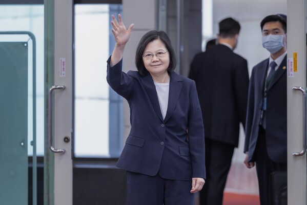 CORRECTS SPELLING OF ESWATINI In this photo released by the Taiwan Presidential Office, Taiwan's President Tsai Ing-wen waves as she departs on a visit to Eswatini from Taiwan Tuesday, Sept. 5, 2023. Taiwan's President Tsai Ing-wen has begun a four-day trip to Eswatini, one of the island's 13 remaining allies. Tsai, who is serving her last year as president, is visiting the country of 1.1 million people in southern Africa to 