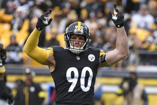 Pittsburgh Steelers linebacker T.J. Watt (90) encourages fans to make noise during the first half of an NFL football game against the New Orleans Saints in Pittsburgh, Sunday, Nov. 13, 2022. (AP Photo/Don Wright)