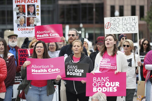 FILE - Supporters of Issue 1, the Right to Reproductive Freedom amendment, attend a rally in Columbus, Ohio, Oct. 8, 2023. Some state governments and a federal agency are moving to block companies from selling geolocation data that shows who's been to abortion providers, among other places. (AP Photo/Joe Maiorana, File)